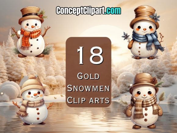 18 X Cute Gold Christmas Snowman Bundle Illustrations