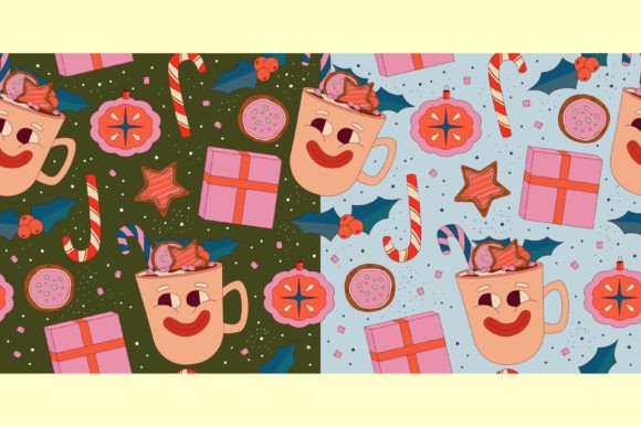 2 Retro Christmas Funny Seamless Pattern Illustrations