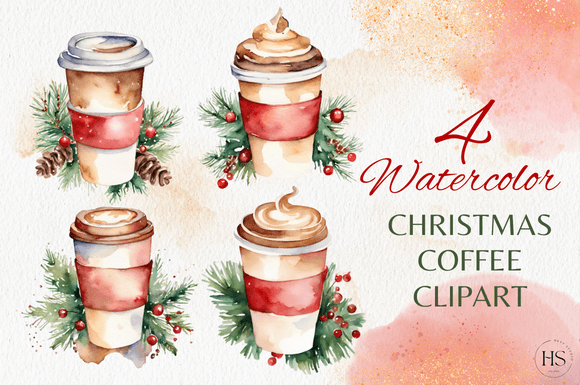 4 Watercolor Christmas Coffee Clipart: Branding & Illustrations