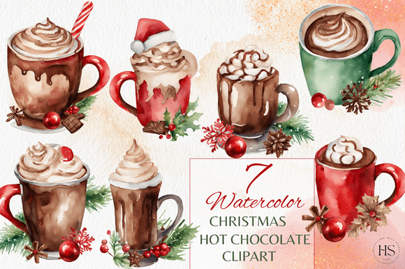 7 Watercolor Christmas Hot Chocolate Set Illustrations