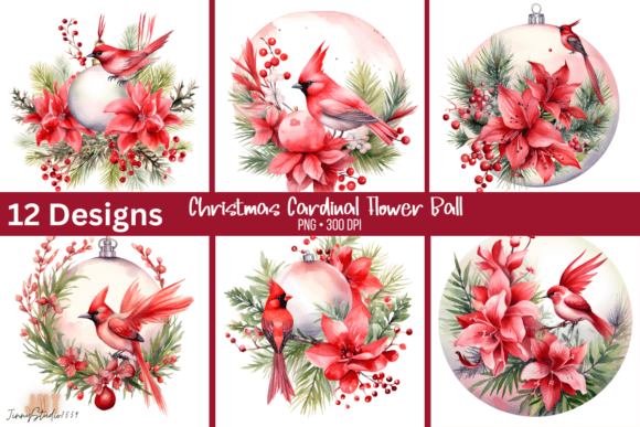 Christmas Cardinal Flower Ball Clipart: Illustrations