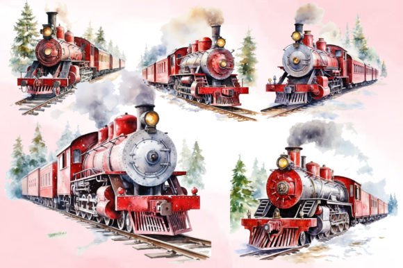 Christmas Old Train Watercolor Illustrations