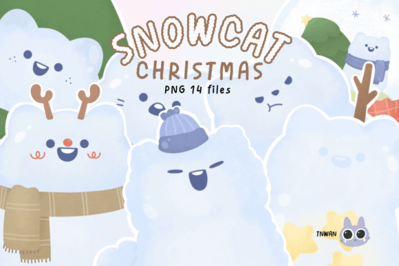 Christmas Snowman Cat Watercolor Clipart & Illustrations