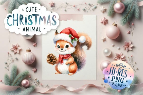 Cute Christmas Squirrel Watercolor Illustrations