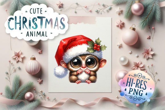 Cute Christmas Tarsier Watercolor Illustrations
