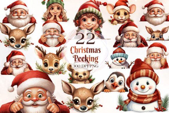 Funny Christmas Peeking Clipart Bundle Illustrations