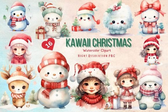 Kawaii Christmas Watercolor Clipart Illustrations