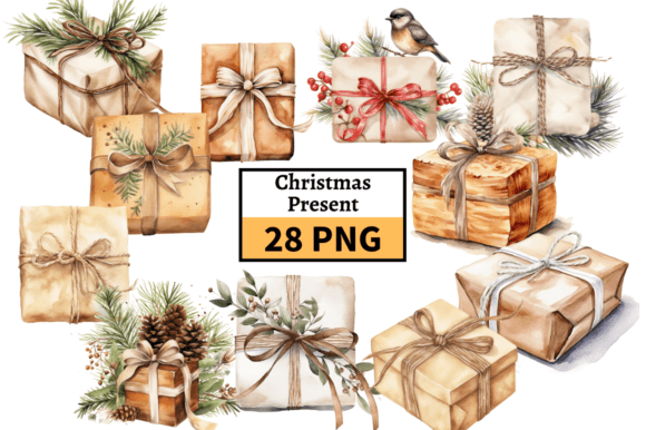 Natural Christmas Present Clipart Bundle: Illustrations