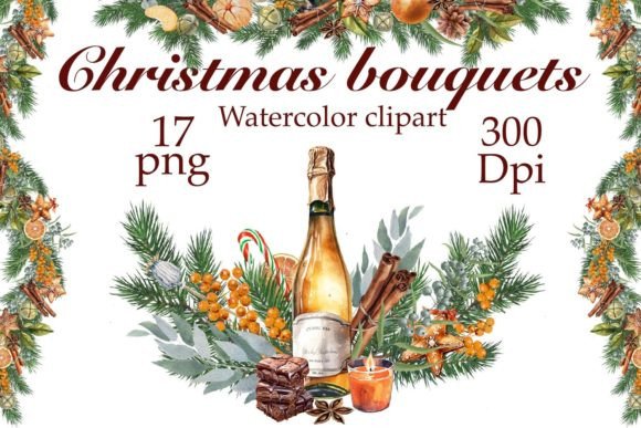 Orange Christmas Watercolor Clipart Illustrations