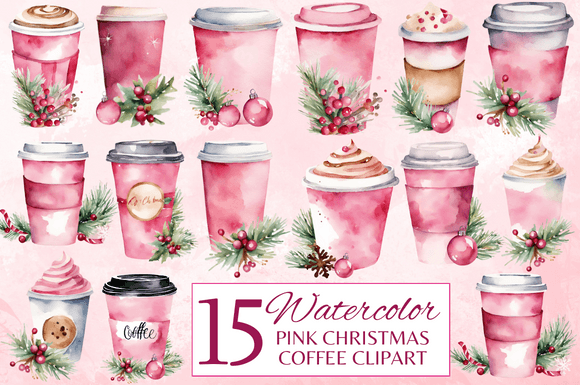 Review: 15 Pink Watercolor Christmas Coffee Set Illustrations