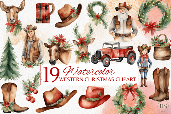 Review: 19 Western Christmas Watercolor Clipart for Stitchers