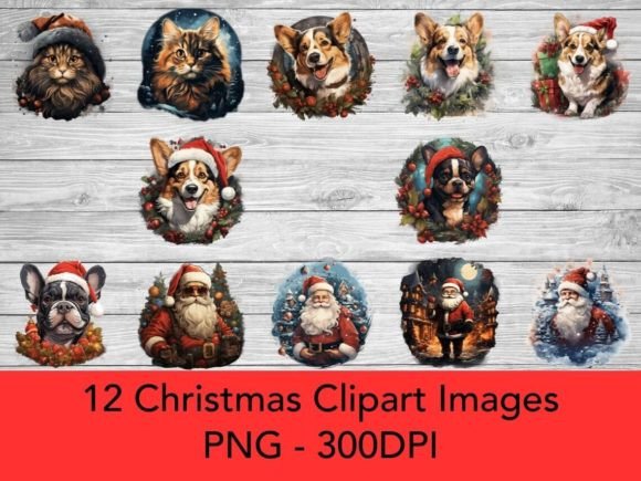 Santa, Dogs, Cats Christmas Clipart 01: Illustrations for Branding