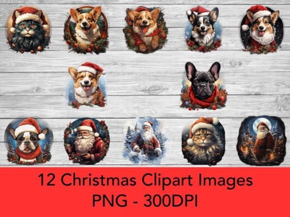 Santa, Dogs, Cats Christmas Clipart 02: Festive Illustrations