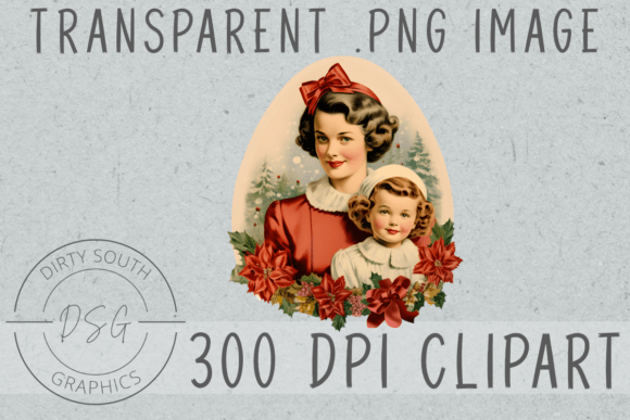 Vintage Retro Christmas Mom Child Illustrations