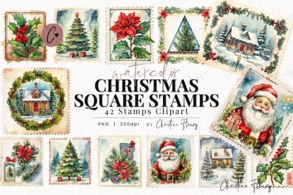 Watercolor Christmas Stamps: Festive Illustrations