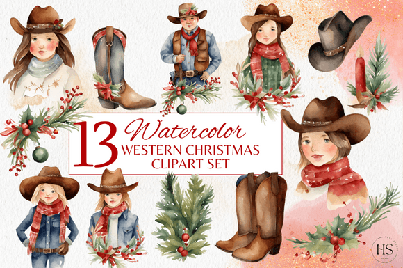 Western Christmas Clipart: 13 Watercolor Illustrations
